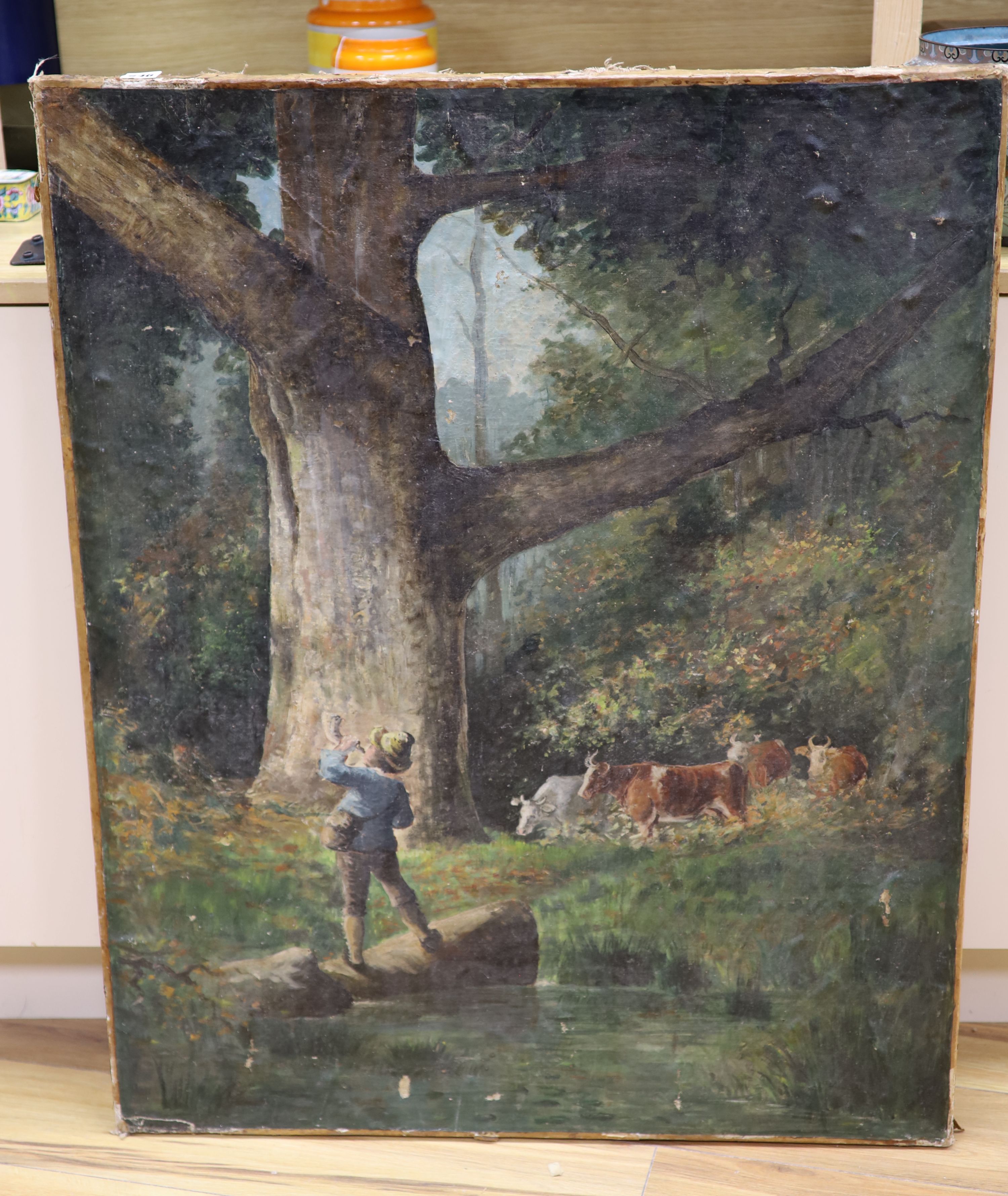 19th century European school, study of cattle below an ancient tree, a young boy sounding a horn stands beside a pond to the foreground, oil on canvas, unsigned, unframed